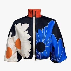 Floral Print Women's Jacket - Black, Blue, Orange